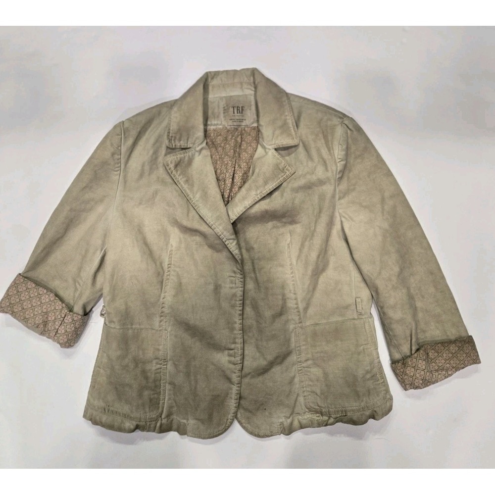 Zara TRF Collection Linen Blend Blazer‎ Jacket Beige Roll Tab Sleeves Elbow...